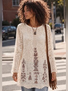 Free People Secret Origins Allover Lace with Embroidery Tunic Dress Size Medium